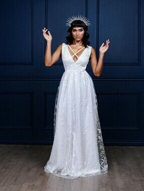 NEW Katacomb Celestial Dress V-Neck White Lace A Gown with Crisscross Straps